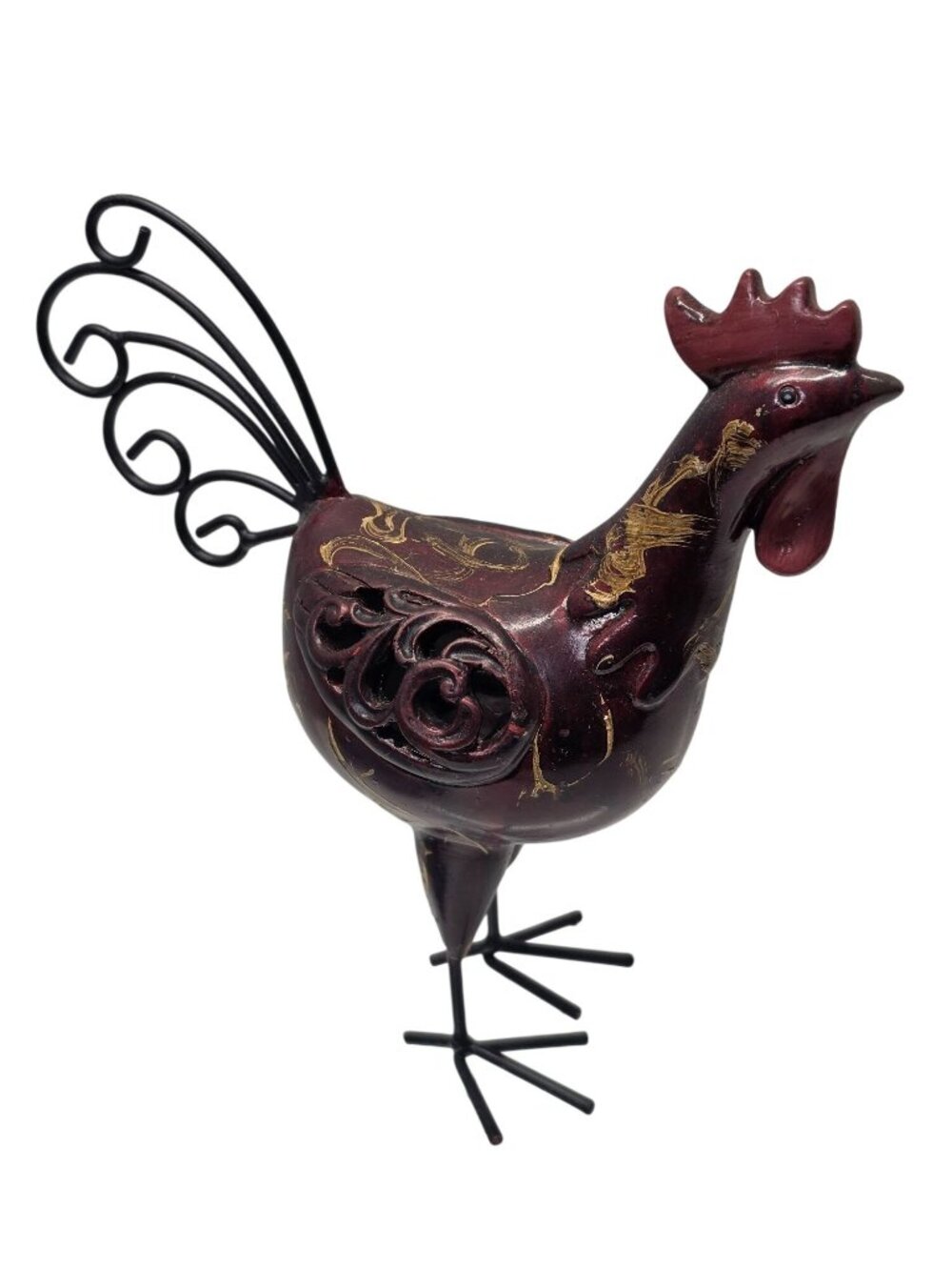 Burgundy Gold Rooster Figurine Resin Metal Wire Tail Farmhouse Decor 7.5"